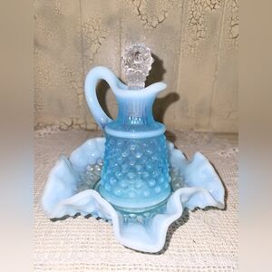 Vintage Fenton Blue Opalescent Hobnail  glass Cruet with stopper set
